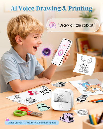 Mini Imprimante - D'Étiquettes T02 Petite Imprimante Portable, Imprimante D'Autocollants D'Apprentissage, Notes, Images, Photos, Journal, Bricolage, Téléphone Compatible, Tablette, Blanc