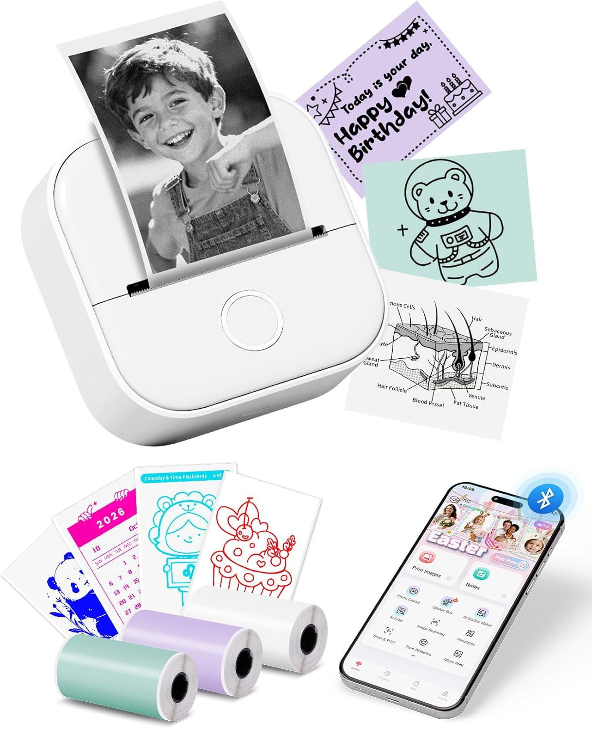 Mini Imprimante - D'Étiquettes T02 Petite Imprimante Portable, Imprimante D'Autocollants D'Apprentissage, Notes, Images, Photos, Journal, Bricolage, Téléphone Compatible, Tablette, Blanc